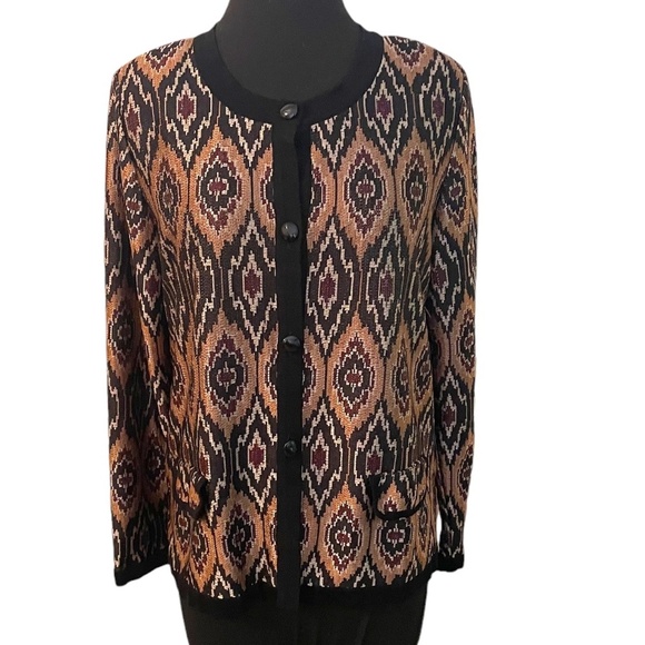 Exclusively Misook Knit Cardigan Sweater Gold Black Ikat Print Button Front Med - Picture 1 of 10